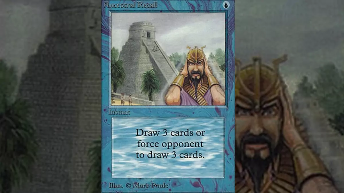 The Ancestral Recall card from the Alpha set in Magic: The Gathering.