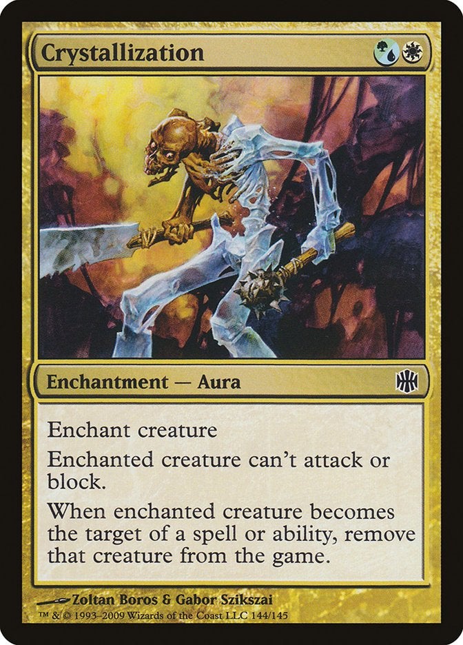 A multicolored enchantment card from Magic: The Gathering that prevents a target creature from attacking or blocking.