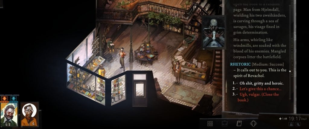 Harry listening to the Rhetoric skill in the bookstore in Disco Elysium.