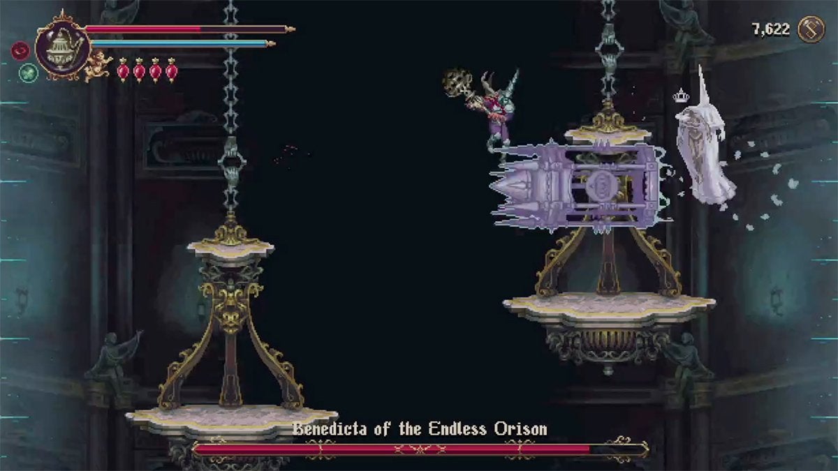 Benedicta launching a large, purple projectile at the player.