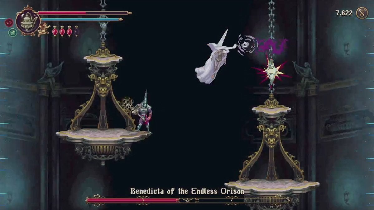 Benedicta breaking one of the two platforms in the boss room.