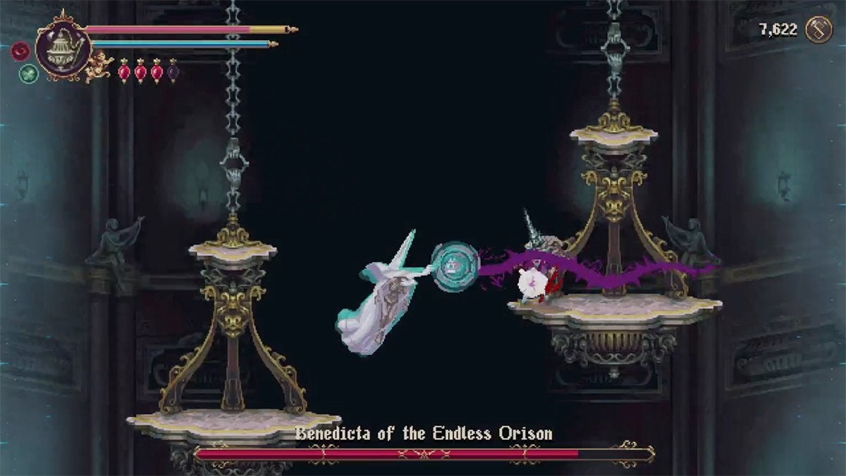 Benedicta shooting purple lightning at the player.