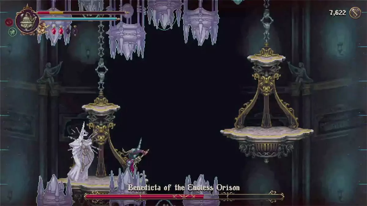 Benedicta launching many large, purple projectiles at the player.
