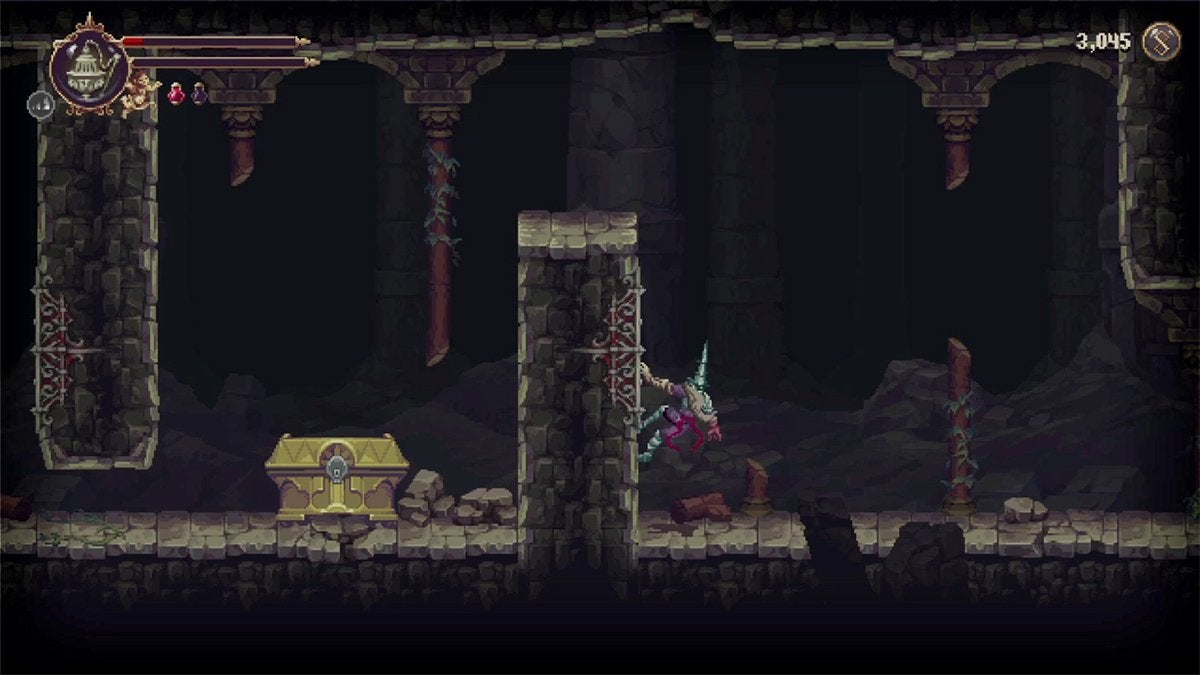 The player holding onto and climbing a wall in Blasphemous 2.