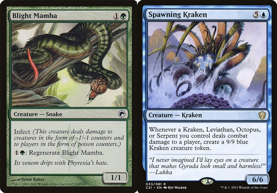 On the left is a Blight Mamba, a green creature card with Regenerate, and, on the right, is Spawning Kraken, a blue creature card. Both are cards from Magic: The Gathering.
