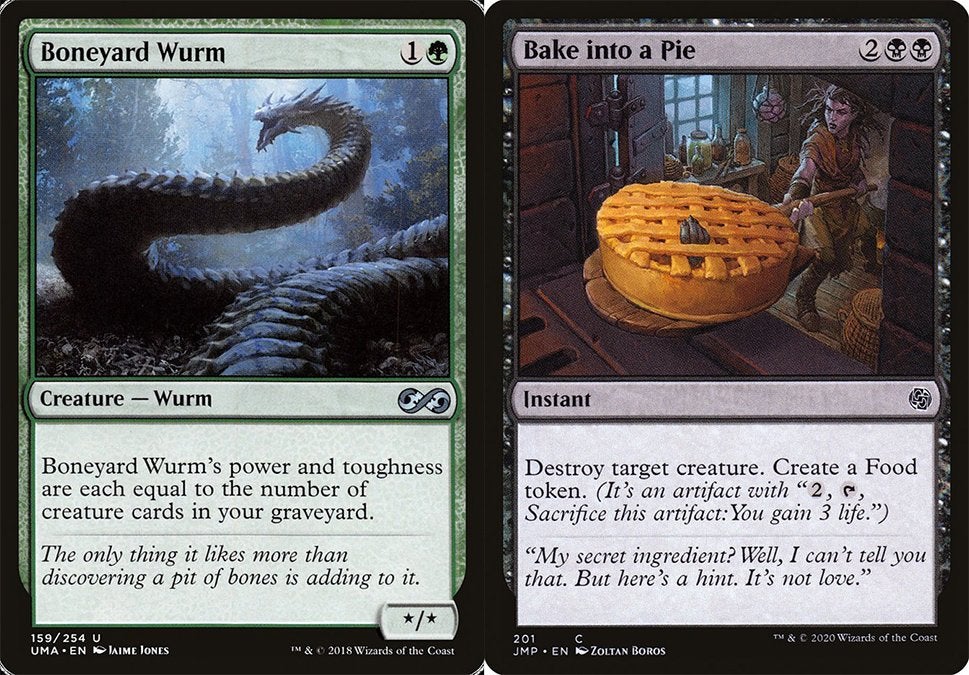 On the left is a green creature card and on the right is a black instant card that destroys a target creature. Both are from Magic: The Gathering.