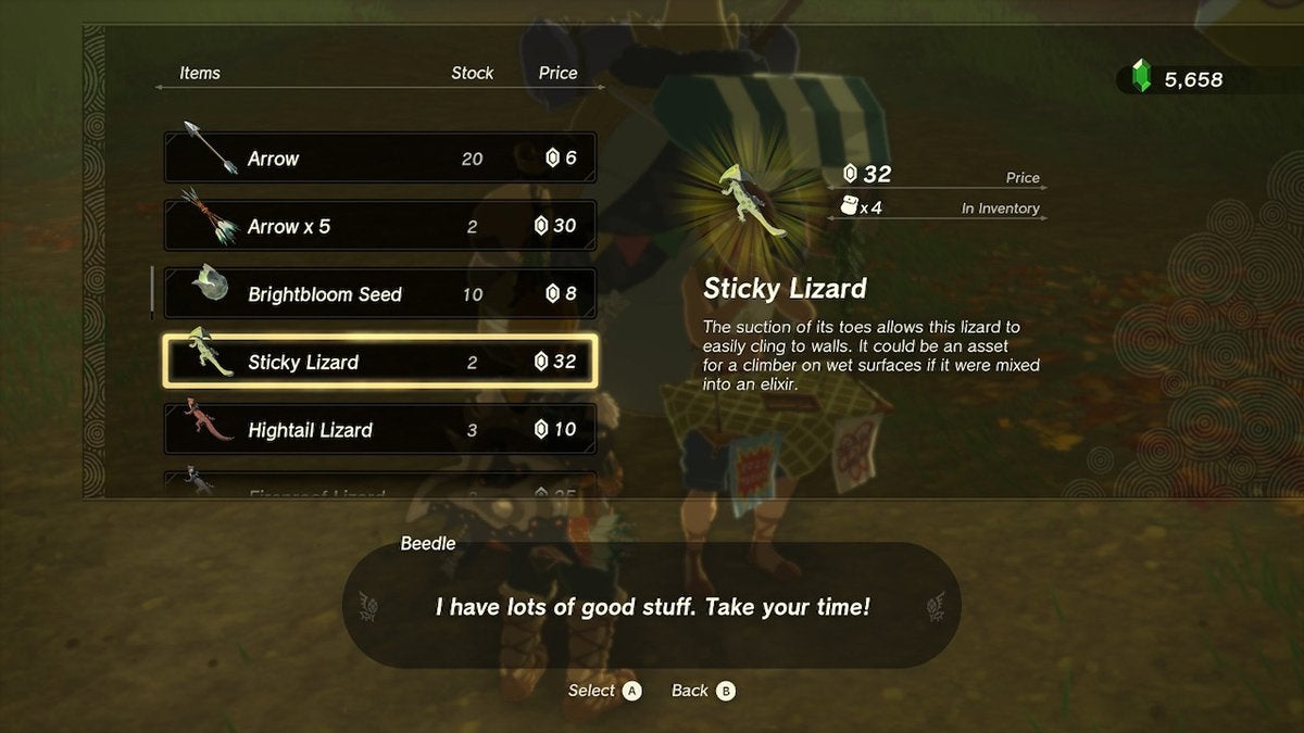 The player buying Sticky Lizards from Beedle at the South Akkala Stable in The Legend of Zelda: Tears of the Kingdom.