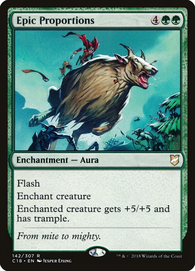 A green enchantment card in Magic: The Gathering that gives a creature +5 power and +5 toughness as well as the Trample ability.