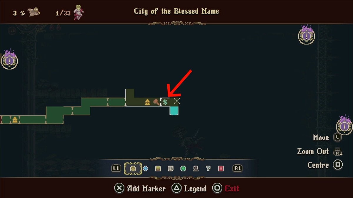 A red arrow pointing to the location of a Confessor in the City of Blessed Name area in Blasphemous 2.