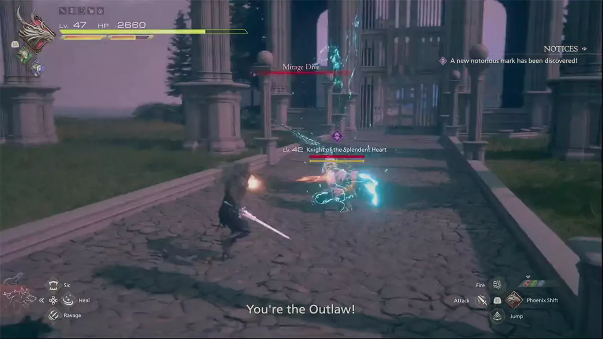 Clive dueling the Knight of the Splendent Heart in Final Fantasy 16.