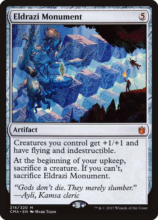 A colorless artifact card in Magic: The Gathering called Eldrazi Monument, which grants creatures you control the Flying and Indestructible abilities among a few other features.