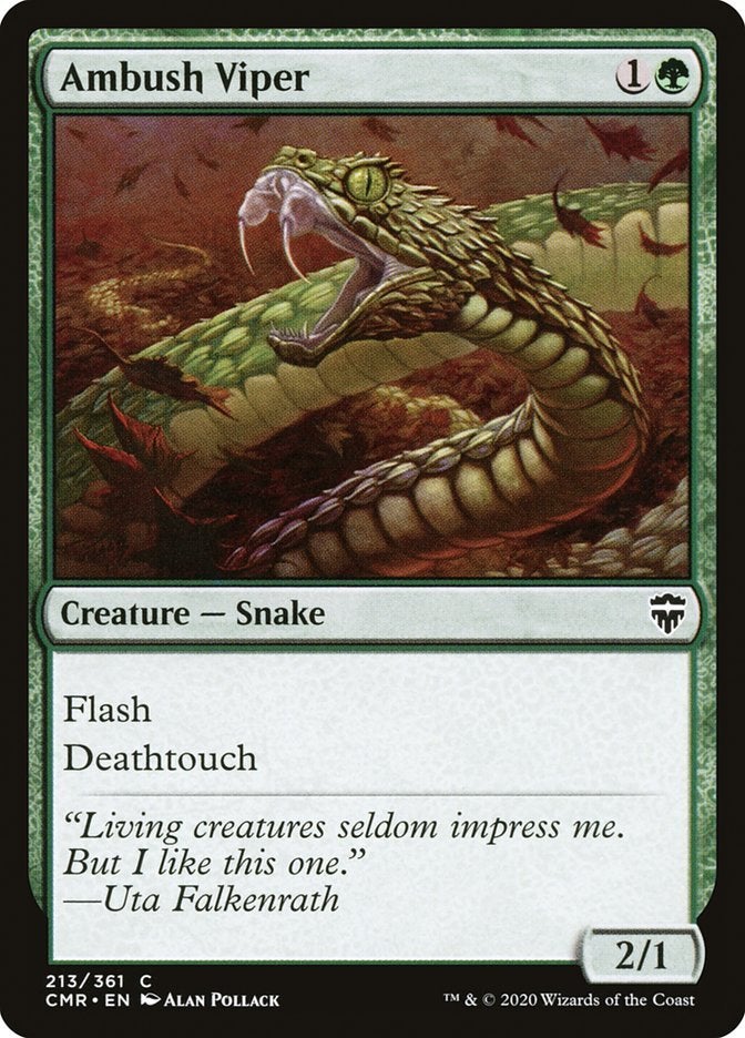 A green creature card in Magic: The Gathering that has Flash and the Deathtouch ability.