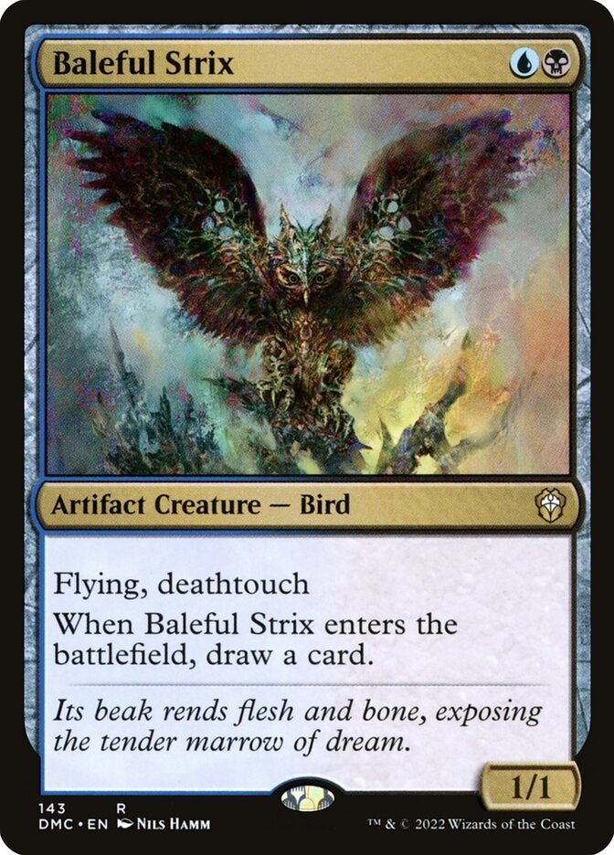 A blue and black creature card in Magic: The Gathering with the Deathtouch and Flying abilities.
