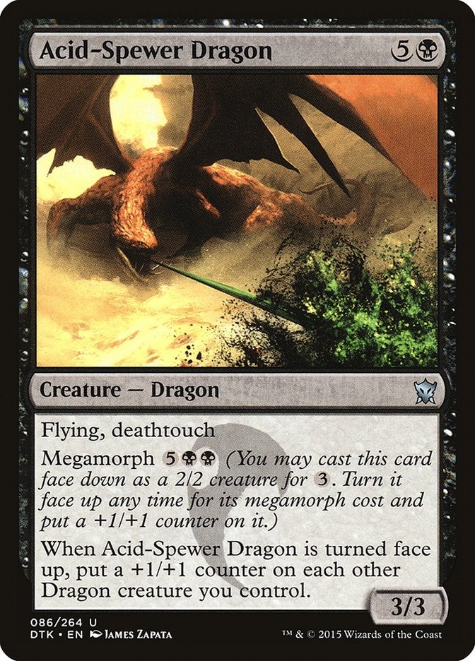 A black creature card from Magic: The Gathering that has a flip effect (Megamorph).