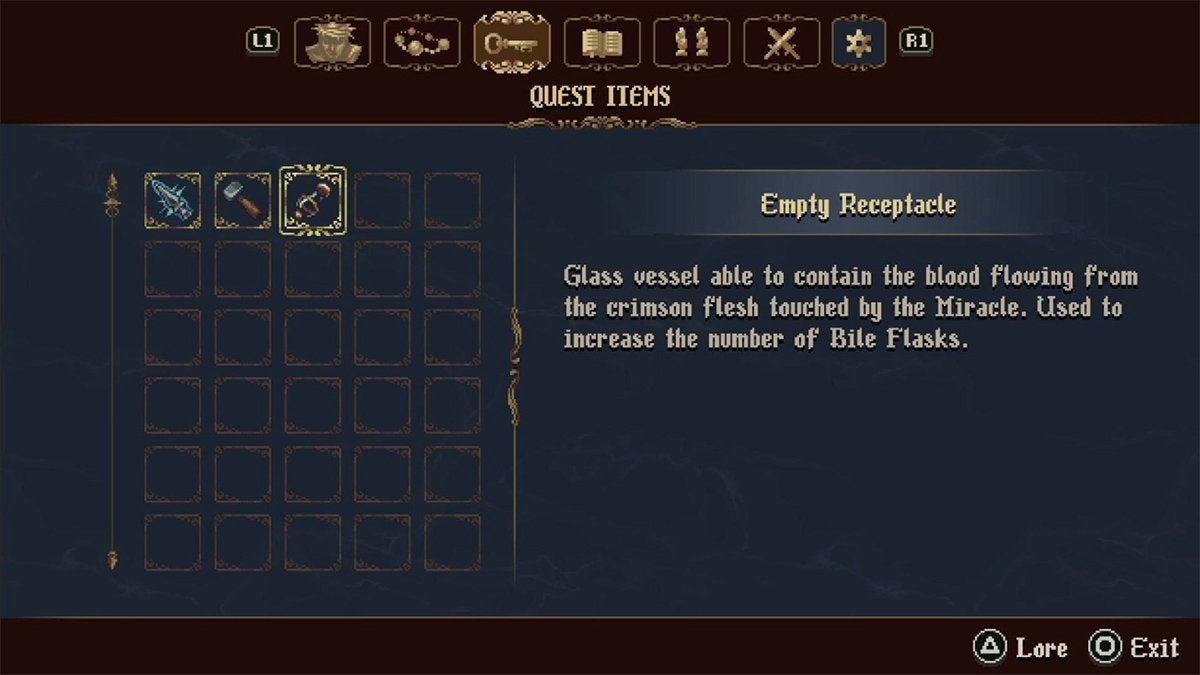 The item description of an Empty Receptacle, which states that it's used to get more Bile Flasks in Blasphemous 2.