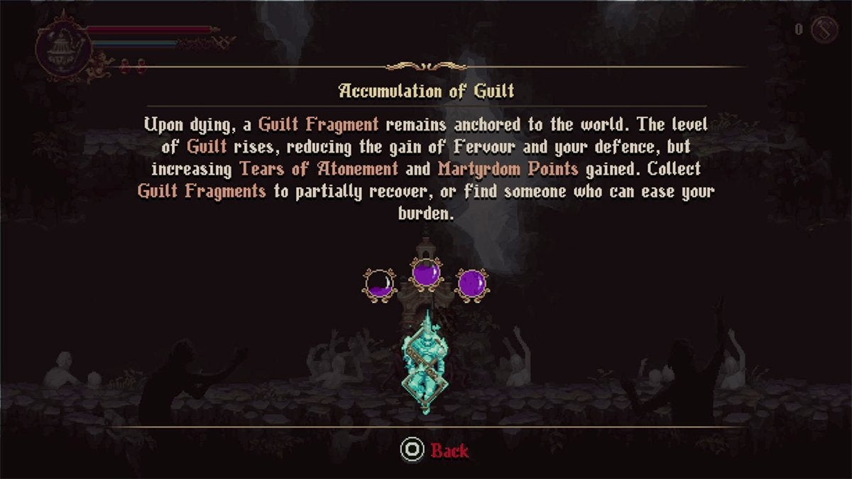 The Guilt mechanic being explained in the tutorial of Blasphemous 2.