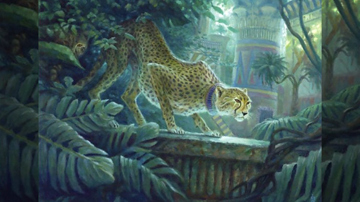 Card art from a green creature card in Magic: The Gathering named Pouncing Cheetah that has Flash as an ability.