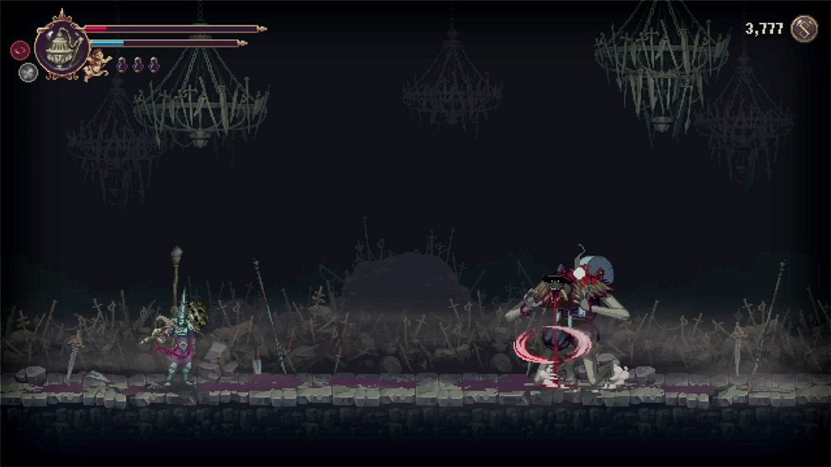 Afilaor kneeling while blood pours from their mouth after the player beats them in Blasphemous 2.