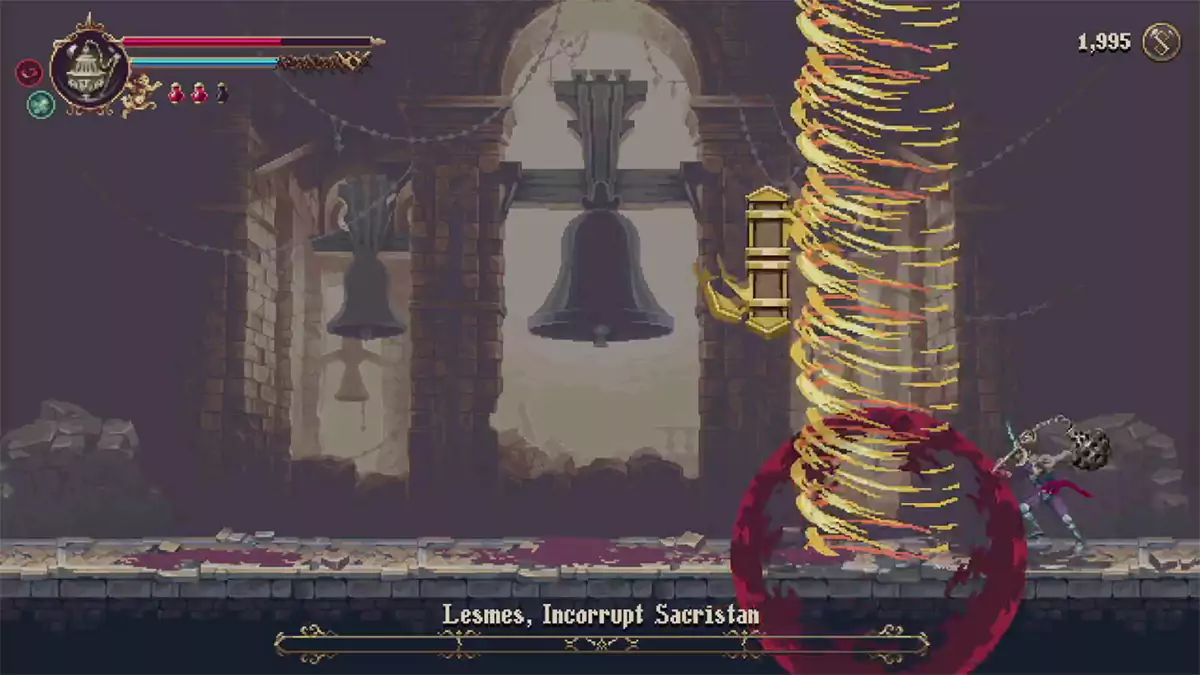 The player landing a deathblow on Lesmes in Blasphemous 2.