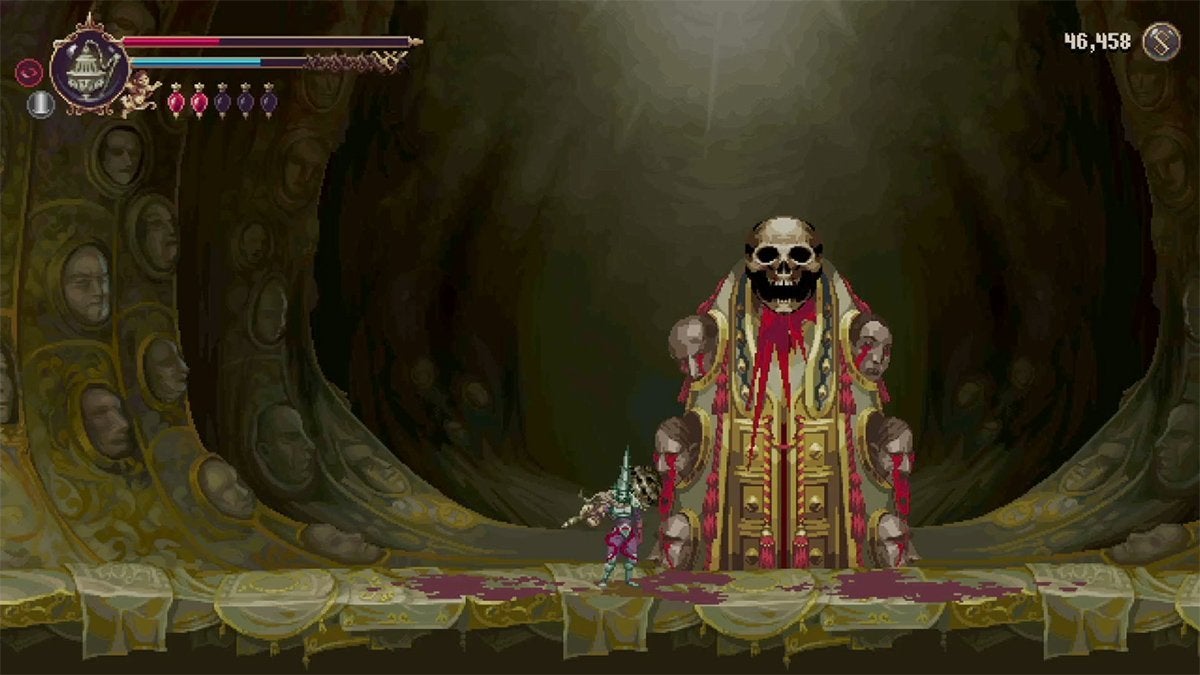 The player beating Sínodo, Hymn of the Thousand Voices and watching the boss's face melt away to reveal the skull beneath.