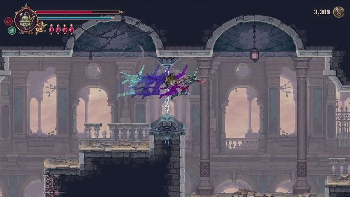 The player using an air dash to break through blue chains in Blasphemous 2—which is a game in the Metroidvania genre.