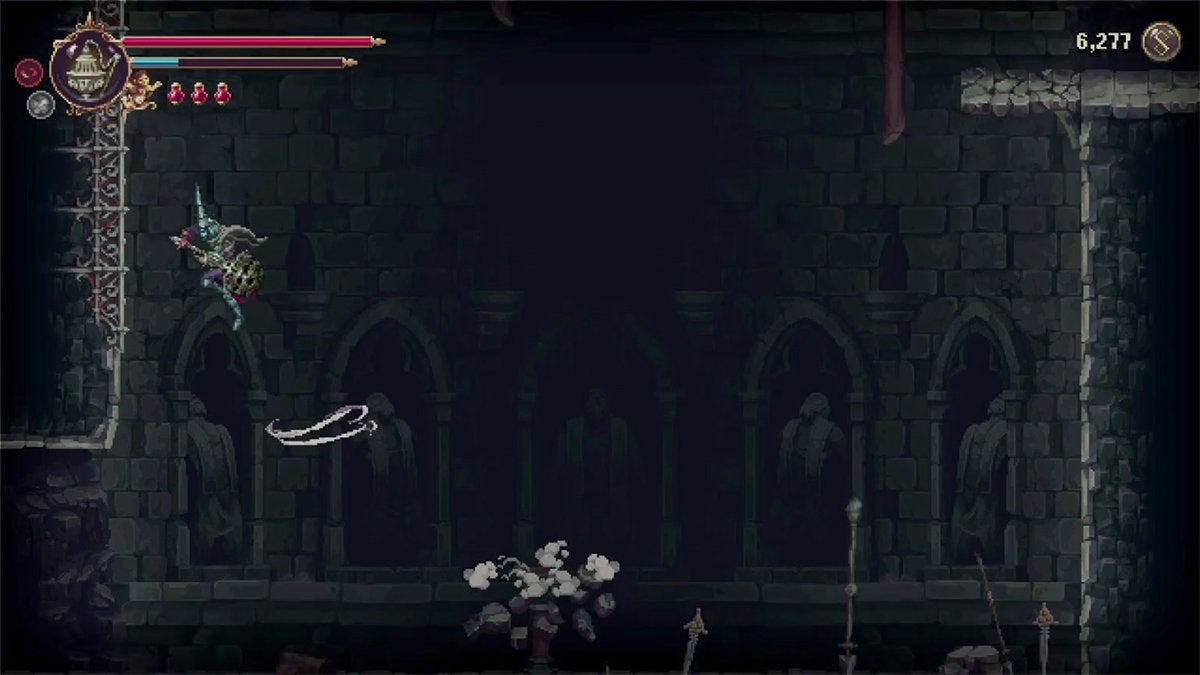 The player jumping while in mid-air to reach a climbable wall in Blasphemous 2.
