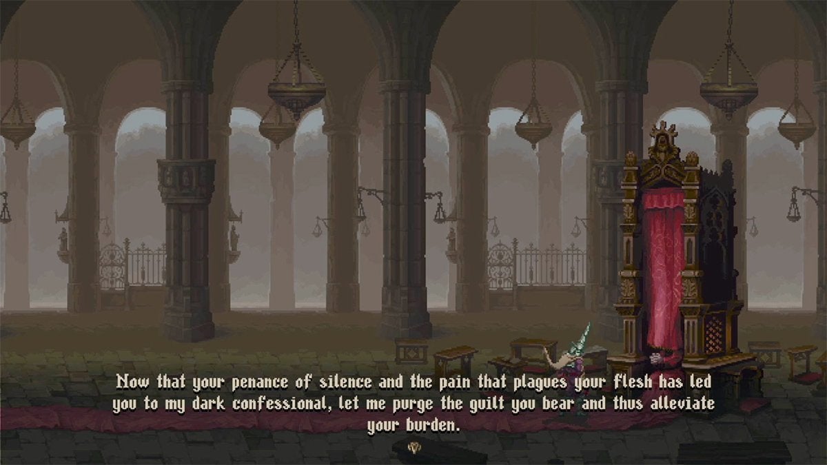 A player talking to a Confessor in Blasphemous 2.
