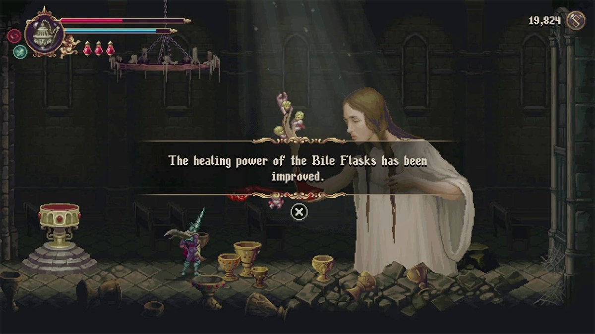 The player improving their Bile Flasks' healing power in Blasphemous 2.