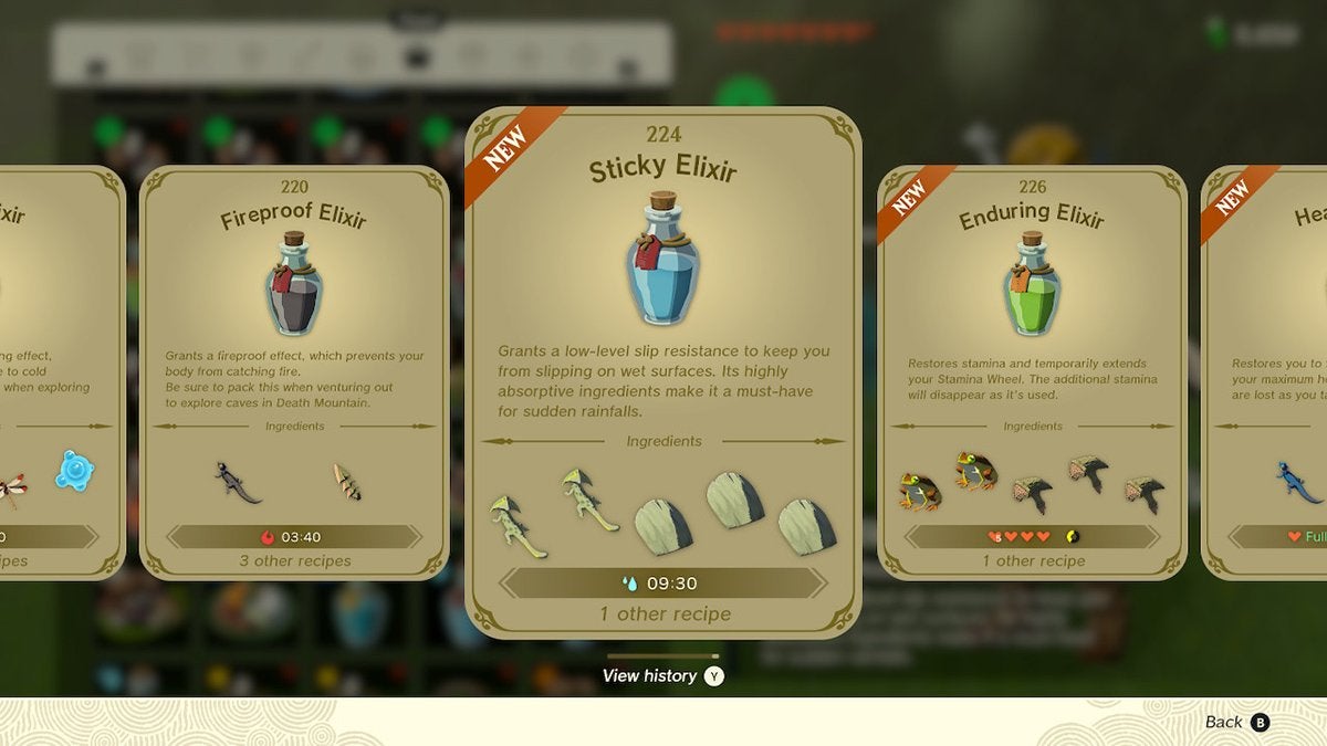 The description for Sticky Elixirs in The Legend of Zelda: Tears of the Kingdom. There's also a recipe below the item description showing two Sticky Lizards and three monster parts.