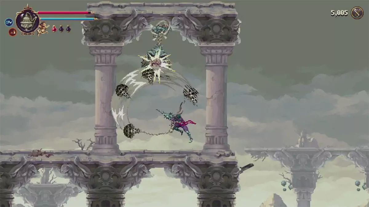 A player using a flail to ring a bell above them in Blasphemous 2.