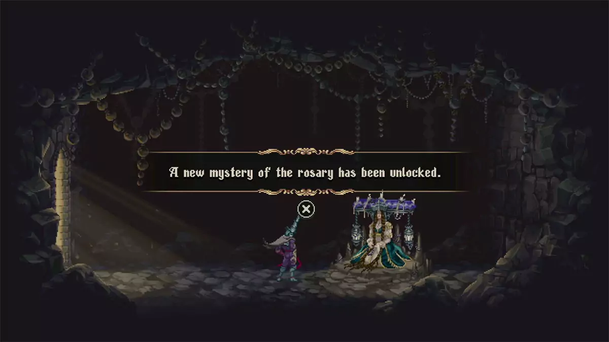The player getting more Rosary Bead slots in Blasphemous 2 by speaking to the NPC named Sagrario.