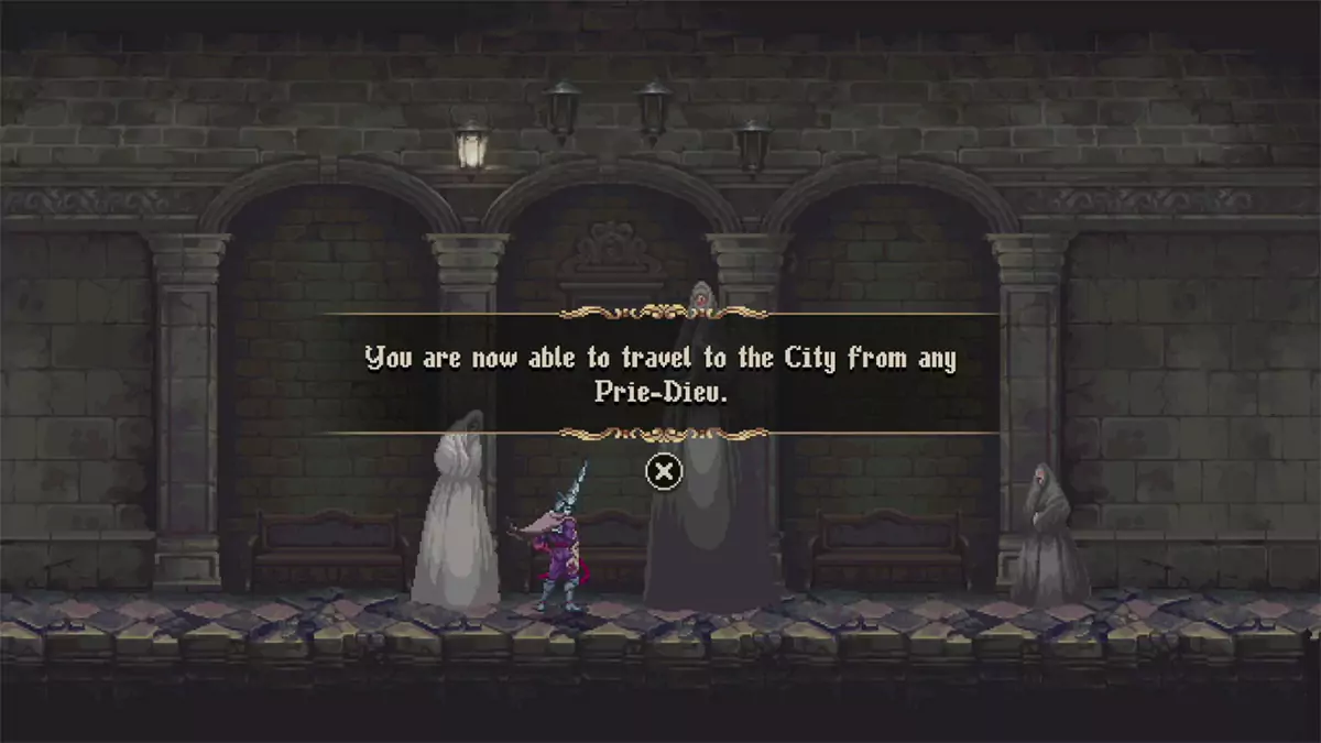 A message telling the player that they can now travel to the City from any Prie Dieu in Blasphemous 2.