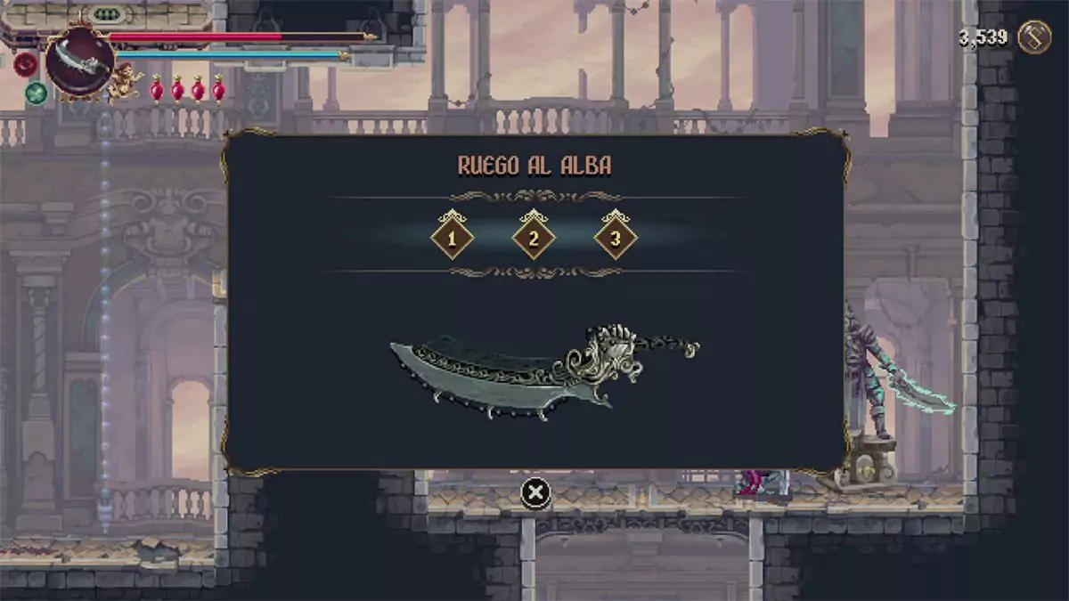 The player touching a statue that lets them upgrade Ruego Al Alba to level 3 in Blasphemous 2.