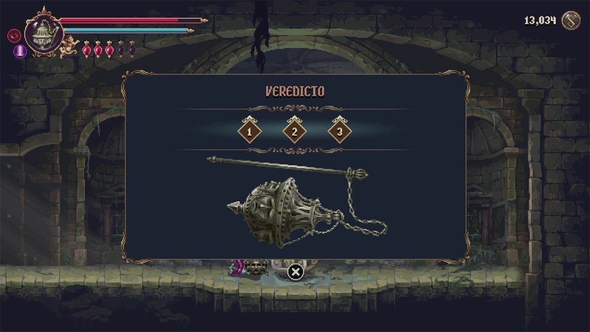 The player touching a statue to upgrade Veredicto to level 3 in Blasphemous 2.