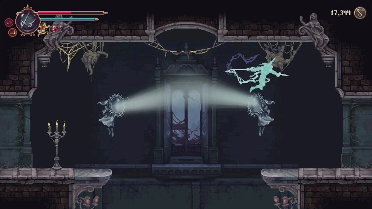 A player using a mirror statue in Blasphemous 2 to get across a gap.