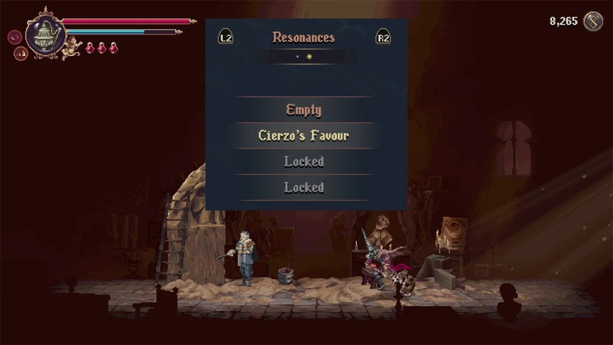 The Resonance menu on top of the interior view of the sculptor's shop in the City of Blessed Name.