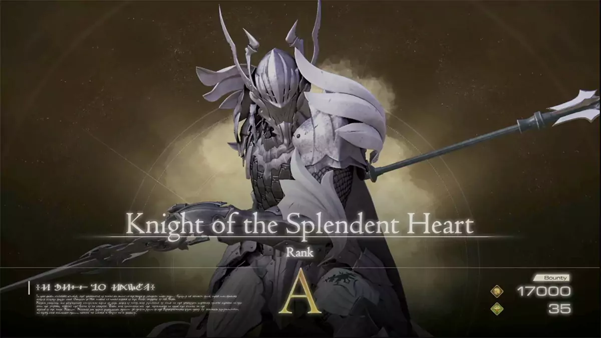 The Notorious Mark appearance of the A-rank Knight of the Splendent Heart: the target of the same-named hunt in Final Fantasy 16.