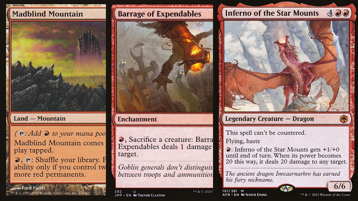 Madblind Mountain, a land card, Barrage of Expendables, an enchantment, and Inferno of the Star Mounts, a legendary creature, from Magic: The Gathering.