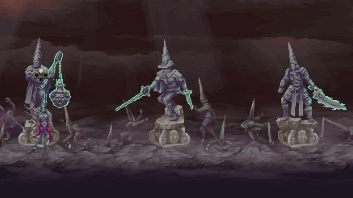 The Penitent One next to all three starting weapons in Blasphemous 2.