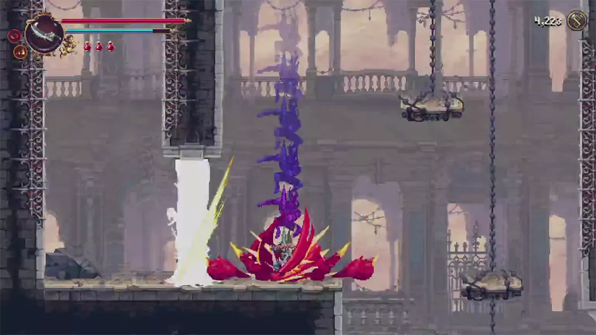 The player using the Ruego Al Alba's dropdown attack to get through brown flesh walls in blasphemous 2.