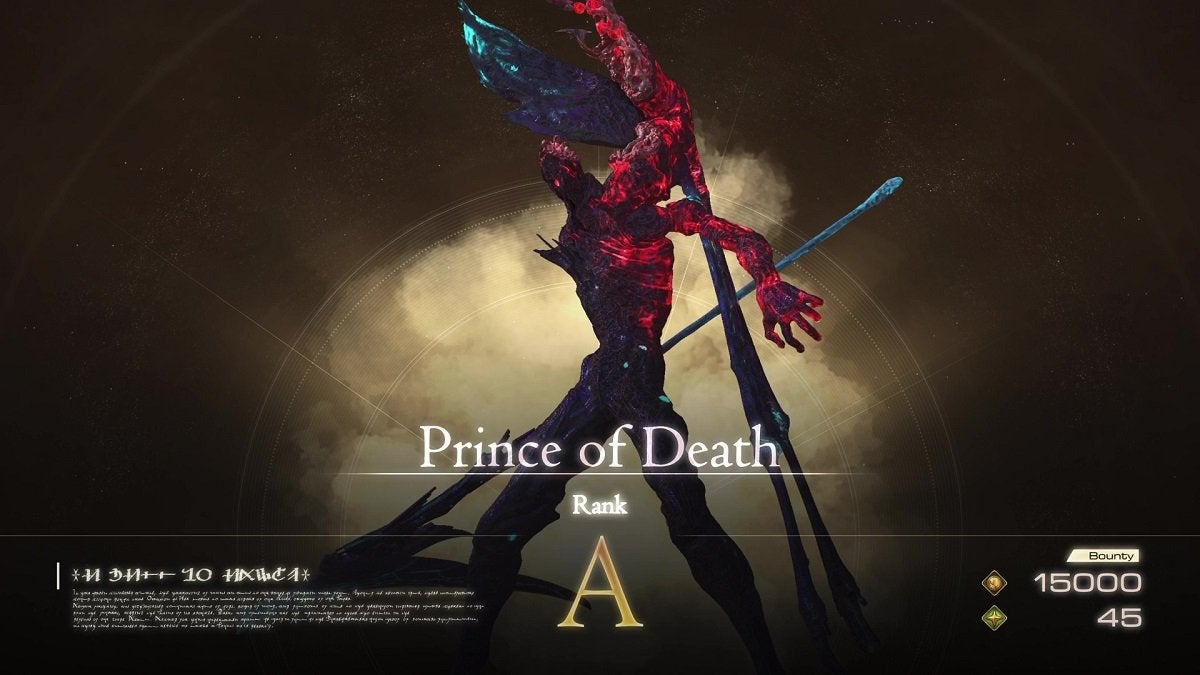 The Notorious Mark appearance of the A-rank Prince of Death during the Grim Reaper hunt in Final Fantasy 16.