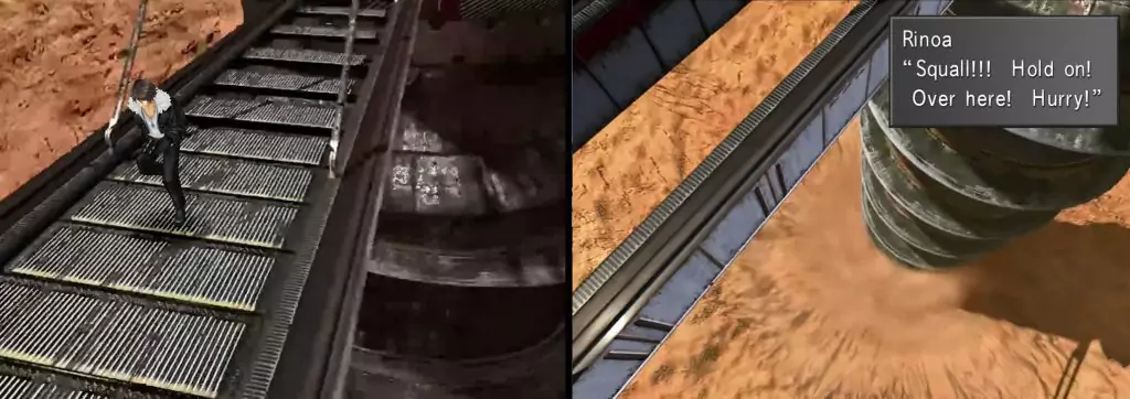 A bridge at the top of the D-District Prison separates as it goes into submerge mode, and Squall is caught hanging on for dear life.