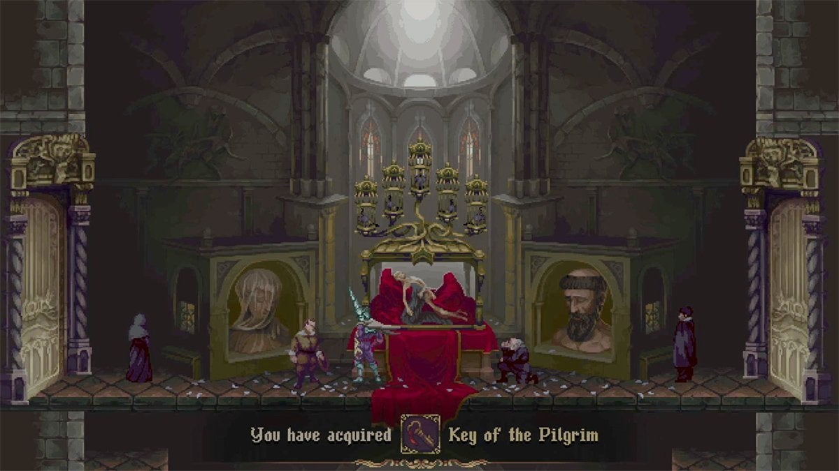 A player getting the Key of the Pilgrim from the Anonymous Pilgrim in the Chapel of Five Doves.