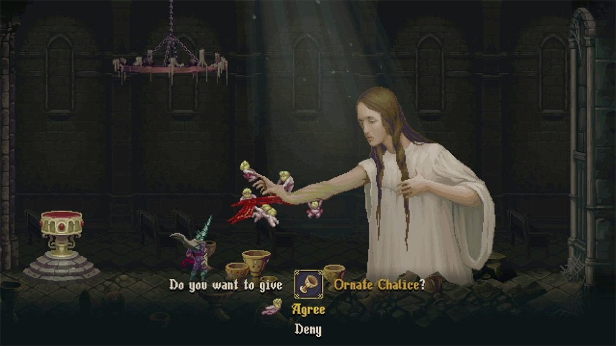 The player giving an NPC an Ornate Chalice to increase max health in Blasphemous 2.
