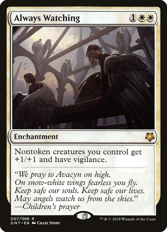 A white enchantment card in Magic: The Gathering that gives nontoken creatures +1/+1 and Vigilance.
