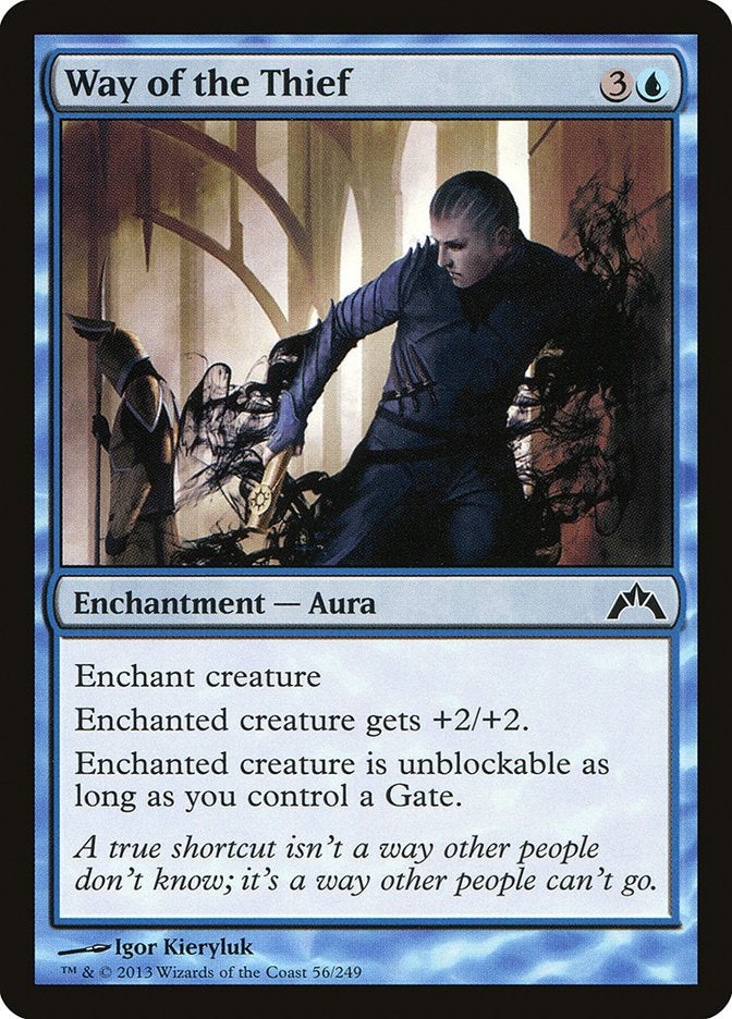 A blue enchantment - aura card from Magic: The Gathering that gives the enchanted creature +2/+2 and makes it unblockable as long as its controller controls a Gate.