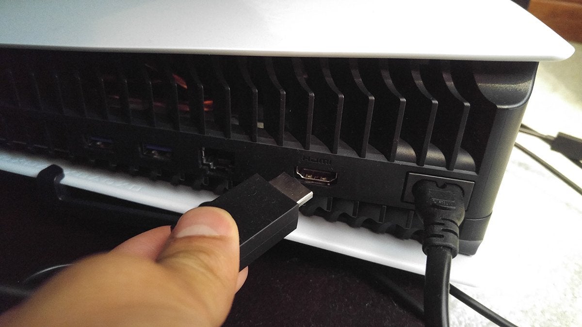 The HDMI out port on the back of a PlayStation 5.