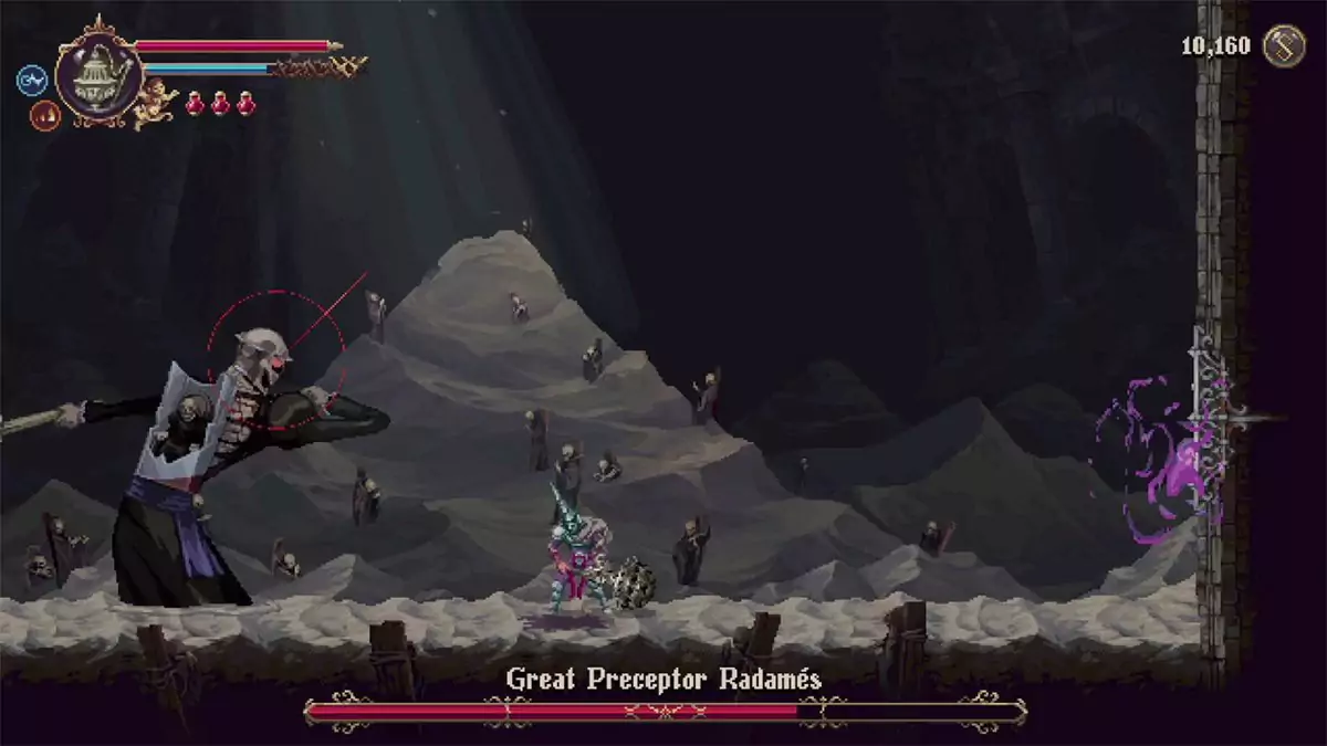 Great Preceptor Radamés swinging their club at the player while there's a red ring around the boss's head.