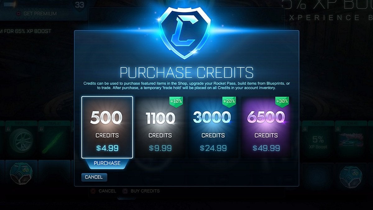 Buying credits in Rocket League.