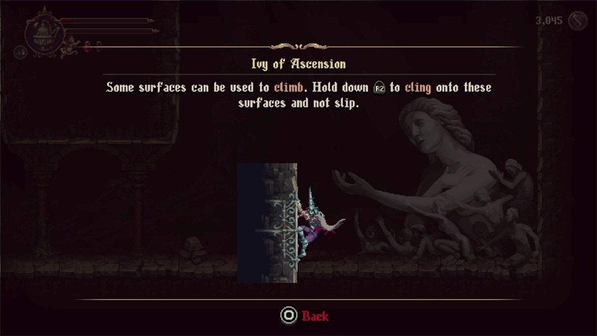 In-game instructions for how to climb walls in Blasphemous 2.